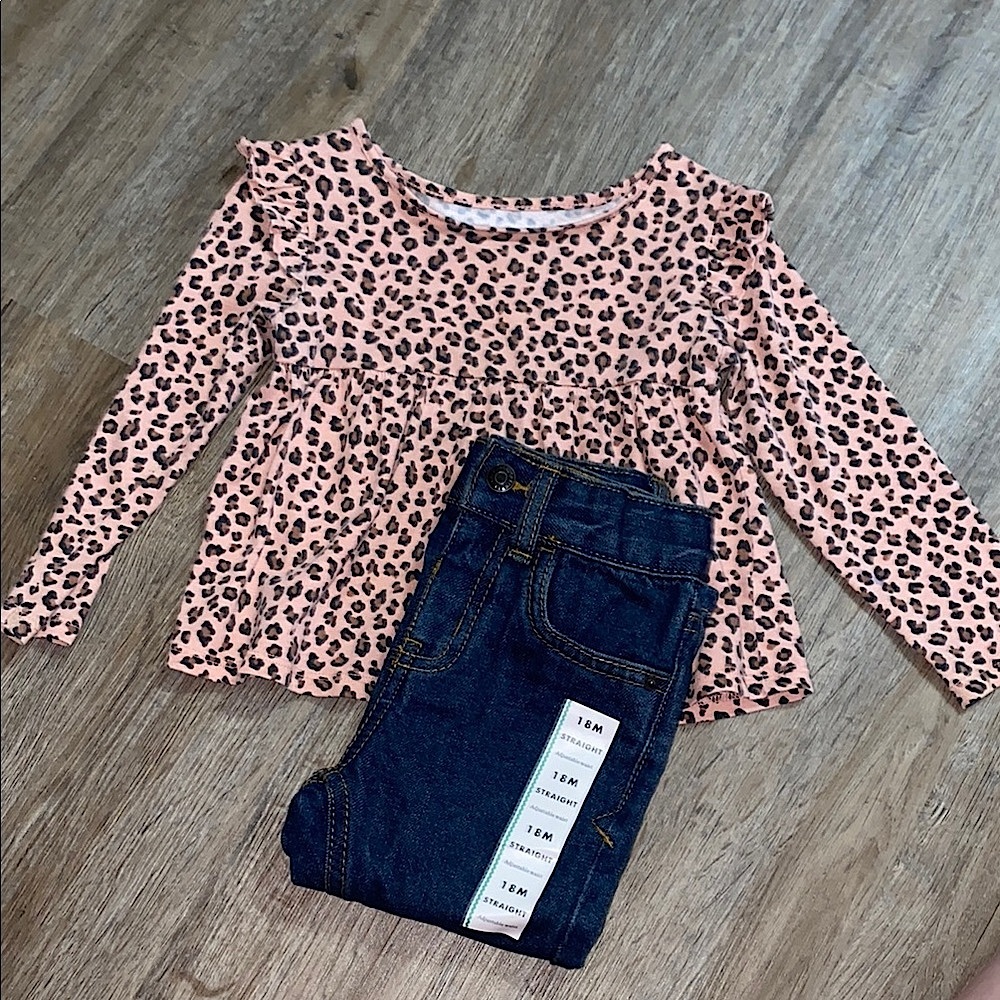 The Children's Place Pink Long Sleeve Leopard Print Top w/ Cat & Jack Jeans Set